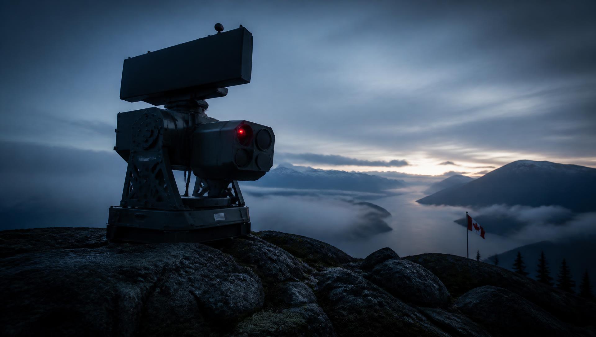 Modular counter-drone sensor turret on a Canadian ridge at blue hour