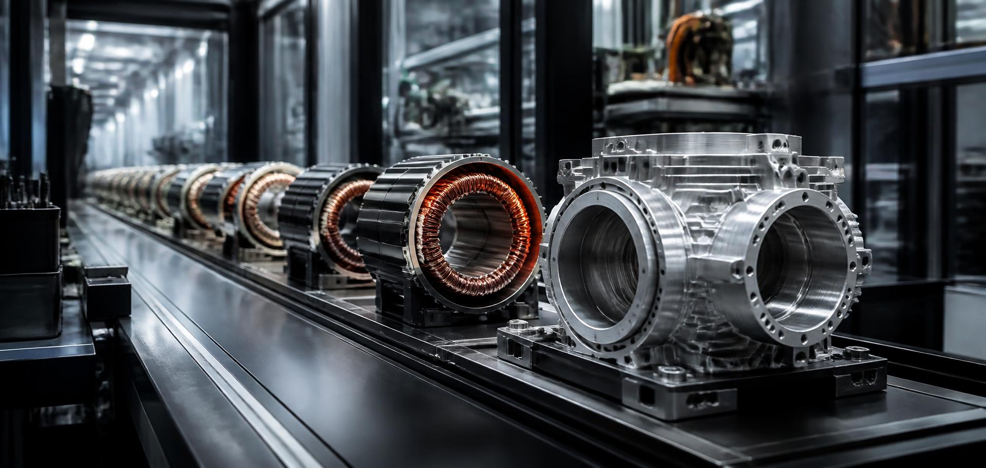 BLDC motor stators and machined housings on an assembly line