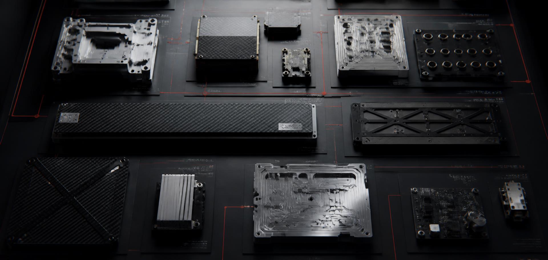 Modular machined subsystem panels laid out on a dark surface