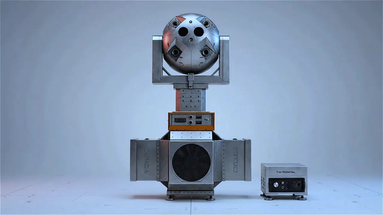 Tron Motors gimbal sensing platform photographed in a studio, sensor head above a modular enclosure